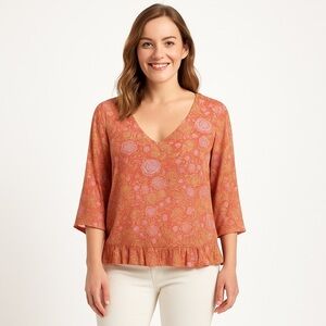 RACHEL Zoe Blouse Orange & Pink Floral V-Neck Boho Blouse Size S